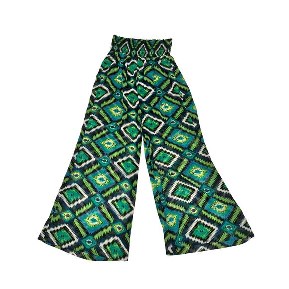 Show Me Your Mumu Sheer Pants Women's Size M Green Diamond Pattern Smocked Waist - Picture 1 of 6